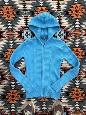 Women's Blue Cable Knit Hooded Zip Sweater